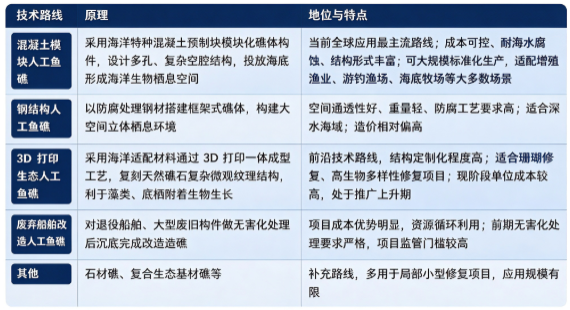四、技术路线：混凝土模块化礁、钢结构礁体、3D 打印生态礁、废弃物改造礁及其他