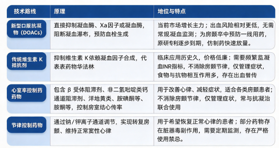 四、技术路线：新型口服抗凝药物、传统维生素 K 拮抗剂、心室率控制药物、节律维持抗心律失常药物