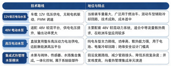 四、技术路线：12V 低压电动水泵、48V 电动水泵、高压电动水泵、集成式电动水泵模块