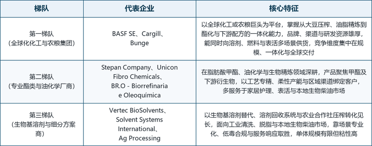 全球大豆甲酯市场参与者类型多元，既有纵向一体化的化工与农粮巨头，也有聚焦甲酯与油化学的专业厂商，以及深耕生物基溶剂与本地生物柴油的细分方案商，竞争格局呈现明显的资源导向与场景专业化特征。按资源禀赋与市场定位，可将主要厂商划分为三个梯队。