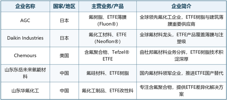 图表2：全球乙烯-四氟乙烯共聚物行业主要企业概况