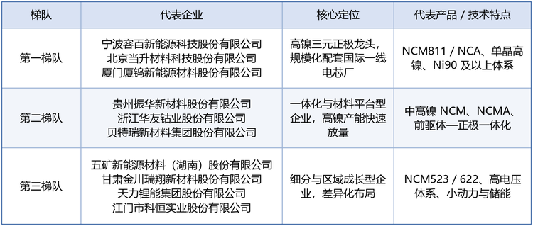 中国富镍正极活性材料市场参与者众多，按技术实力、产能规模与客户结构可划分为三个梯队。2025 年行业集中度较高，头部企业凭借先发量产能力与海外客户认证构筑壁垒。下表按梯队梳理代表企业、核心定位与产品特点。