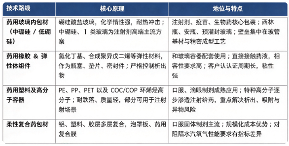 制药内包材按照材质与产品形态分为药用玻璃、橡胶弹性组件、药用塑料容器、柔性复合包材四大技术路线：