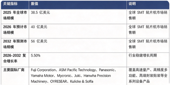 全球 SMT 贴片机市场处于稳健增长阶段：市场销售额由 2025 年的 38.5 亿美元增长至 2026 年预计 40 亿美元，预计 2032 年将达到 56 亿美元，20262032 复合增长率约 5.5%。市场结构上，高速模块化贴片机占比最高，是行业第一大细分板块；多功能高精度贴片机紧随其后，异形元件、半导体封装贴装设备附加值持续提升。全球竞争格局由日系、韩系以及中国香港头部设备厂商主导，核心厂商包括 Fuji Corporation、ASM Pacific Technology、Panasonic、Yamaha Motor、Mycronic、Juki、Hanwha Precision Machinery、OYRESEAR、Kulicke & Soffa。行业增长由消费电子与汽车电子产业扩张、电路板元器件微型化迭代、智能制造与工厂数字化升级、新能源与工控设备需求释放四大因素共同驱动。