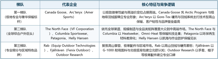 共研网（共研产业研究院）名单显示，全球极寒气候服装主要厂商包括Canada Goose、The North Face（VF Corporation）、Columbia Sportswear、Arc'teryx（Amer Sports）、Patagonia、Rab（Equip Outdoor Technologies）、Fjällräven（Fenix Outdoor）、Outdoor Research、Helly Hansen等。
