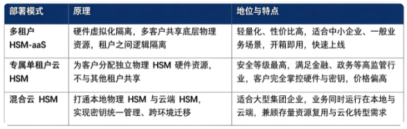 云 HSM 按照部署形态分为多租户 HSMaaS、专属单租户云 HSM、混合云 HSM 三大模式，适配不同企业安全等级与预算诉求。