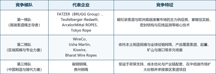 全球缆车钢丝绳市场集中度较高，高端市场由具备破纪录项目业绩与完整认证体系的少数厂商主导。据同赛道机构统计，2025 年安赛乐米塔尔钢丝绳公司（ArcelorMittal ROPES）以约 14.12% 的全球份额居首，Teufelberger、FATZER 与 Tokyo Rope 在欧洲和亚洲占据强势地位；在中国，鞍钢钢绳与贵州钢绳等本土企业受益于政策支持、成本优化与日益增长的出口参与，在中低端市场不断扩大份额。