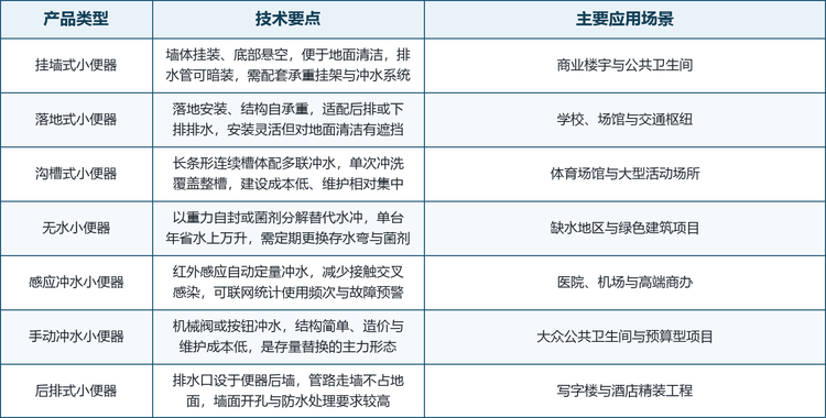 小便器按安装方式分为挂墙式、落地式、沟槽式与后排式，按冲水方式分为手动冲水、感应自动冲水与无水式。各产品类型的技术要点与主要应用场景如下表所示：