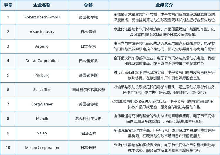 主要企业画像。下表按序号梳理了全球十家代表性电子节气门体供应商的总部所在地与业务特征，涵盖德、日、美、意、法等主要汽车工业国的核心参与者。主要企业画像。