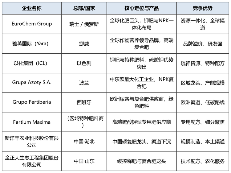 全球硫酸钾型NPK复合肥市场呈现「国际巨头+中国龙头」并立的竞争格局。国际企业以资源一体化与全球渠道见长，中国企业则凭借规模制造、渠道下沉与成本优势快速崛起。