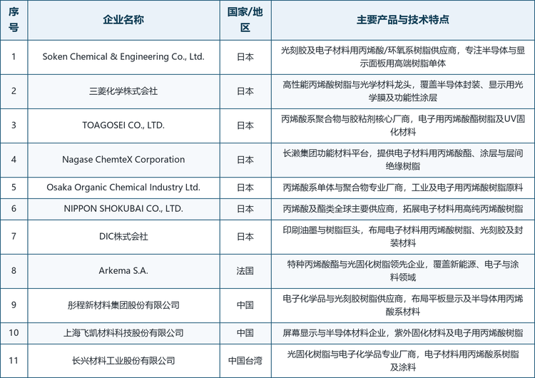 整体格局：全球市场呈现“日本企业主导高端、欧美专业厂商并存、中国厂商加速追赶”的梯次竞争态势。以下为代表性企业：