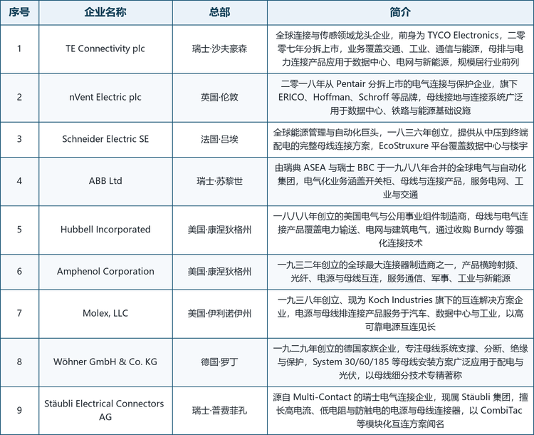 龙头企业概览。全球范围内具备代表性的厂商包括：瑞士沙夫豪森的 TE Connectivity plc（前身为 TYCO Electronics，全球连接与传感龙头，母排与电力连接产品服务于数据中心、电网与新能源）、英国伦敦的 nVent Electric plc（二零一八年从 Pentair 分拆，旗下 ERICO、Hoffman 等品牌的母线接地与连接系统广泛用于数据中心与能源基础设施）、法国吕埃的 Schneider Electric SE（全球能源管理巨头，提供从中压到终端配电的完整母线连接方案）、瑞士苏黎世的 ABB Ltd（由 ASEA 与 BBC 合并的全球电气与自动化集团，电气化业务涵盖开关柜、母线与连接产品）、美国康涅狄格州的 Hubbell Incorporated（一八八八年创立，经 Burndy 等收购强化电气连接技术）、美国康涅狄格州的 Amphenol Corporation（全球最大连接器制造商之一，横跨电源与母线互连）、美国伊利诺伊州的 Molex, LLC（现为 Koch Industries 旗下，以高可靠电源互连见长）以及德国罗丁的 Wöhner GmbH & Co. KG（一九二九年创立的母线系统支撑与分断专家）与瑞士普费菲孔的 Stäubli Electrical Connectors AG（源自 Multi-Contact，擅长高电流模块化互连）。