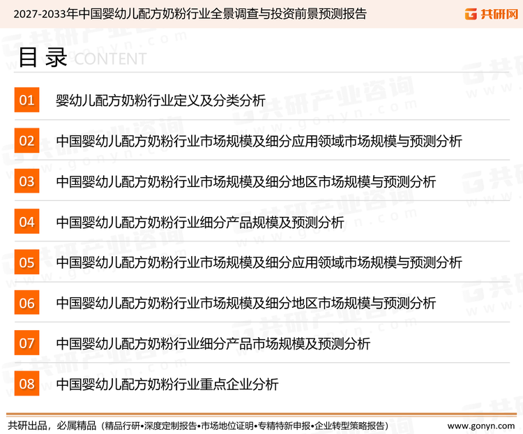 为确保婴幼儿配方奶粉行业数据精准性以及内容的可参考价值，共研产业研究院团队通过上市公司年报、厂家调研、经销商座谈、专家验证等多渠道开展数据采集工作，并运用共研自主建立的产业分析模型，结合市场、行业和厂商进行深度剖析，能够反映当前市场现状、热点、动态及未来趋势，使从业者能够从多种维度、多个侧面综合了解当前婴幼儿配方奶粉行业的发展态势。