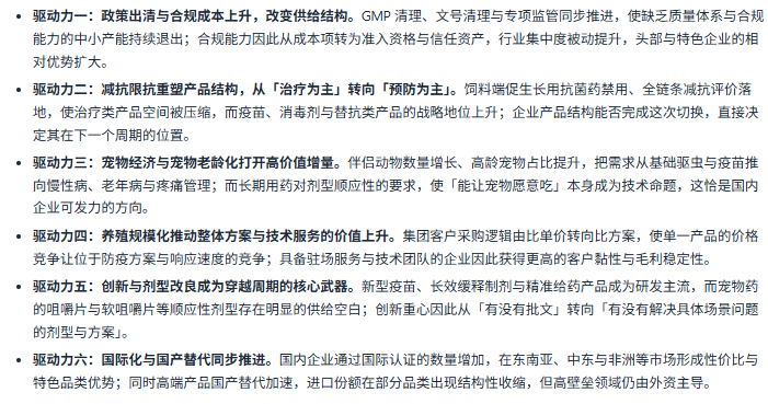 七、驱动因素分析：六股驱动力重塑兽药竞争方式