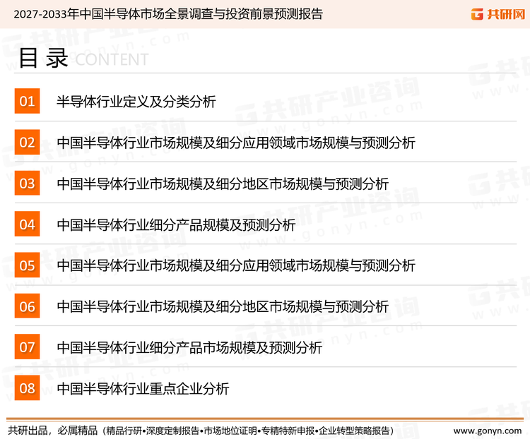 为确保半导体行业数据精准性以及内容的可参考价值，共研产业研究院团队通过上市公司年报、厂家调研、经销商座谈、专家验证等多渠道开展数据采集工作，并运用共研自主建立的产业分析模型，结合市场、行业和厂商进行深度剖析，能够反映当前市场现状、热点、动态及未来趋势，使从业者能够从多种维度、多个侧面综合了解当前半导体行业的发展态势。