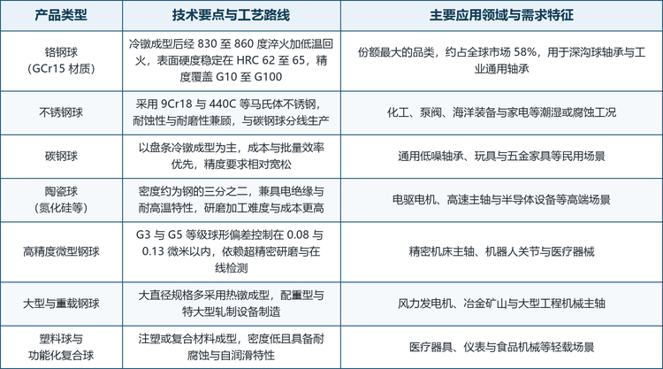 从材质看，市场可分为铬钢球、不锈钢球、碳钢球与陶瓷球等几条主线；从工艺看，冷镦成型、软磨与热处理、硬磨与精研是决定精度与性能的关键工序组合；从精度看，G3 至 G100 构成完整的等级序列。这三条维度交叉叠加，构成了钢球行业复杂的产品矩阵，也决定了不同厂商在不同细分上建立优势的方式各不相同。