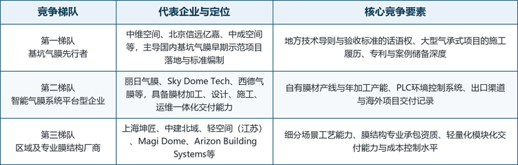 格局解读： 行业当前尚未形成绝对龙头，多元并立是这一早中期阶段的典型特征。但可以观察到三条明确的收敛线索：其一，具备自有膜材产能的企业正在拉开交付成本差距；其二，参与过标准编制的企业在技术门槛抬升中占据先发位置；其三，海外交付记录与出口能力成为头部企业突破国内市场天花板的关键筹码。随着 2028 年后行业规模效应显现，集中度提升大概率将成为主线。