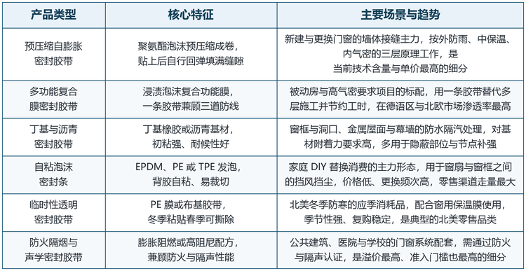 表 2&emsp;窗缝密封胶带主要产品类型与技术要点