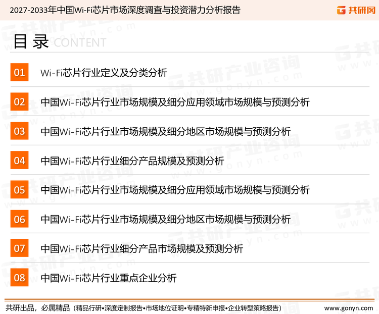 为确保Wi-Fi芯片行业数据精准性以及内容的可参考价值，共研产业研究院团队通过上市公司年报、厂家调研、经销商座谈、专家验证等多渠道开展数据采集工作，并运用共研自主建立的产业分析模型，结合市场、行业和厂商进行深度剖析，能够反映当前市场现状、热点、动态及未来趋势，使从业者能够从多种维度、多个侧面综合了解当前Wi-Fi芯片行业的发展态势。