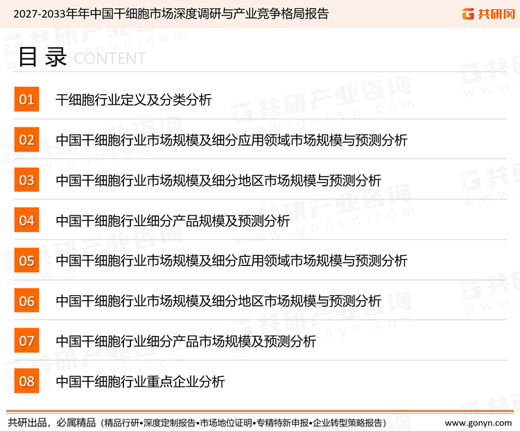 为确保干细胞行业数据精准性以及内容的可参考价值，共研产业研究院团队通过上市公司年报、厂家调研、经销商座谈、专家验证等多渠道开展数据采集工作，并运用共研自主建立的产业分析模型，结合市场、行业和厂商进行深度剖析，能够反映当前市场现状、热点、动态及未来趋势，使从业者能够从多种维度、多个侧面综合了解当前干细胞行业的发展态势。