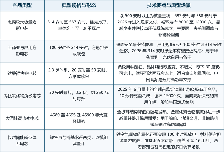 储能电芯的技术分歧，表面看是型号之争，实质沿着三条轴线展开：容量决定系统效率与成本结构，化学体系决定寿命、安全与适用场景，物理形态决定制造工艺与集成方式。报告按这组维度把产品分为六类，覆盖从电网级主力到长时储能新体系的全谱系，其规格与技术要点见表 2。