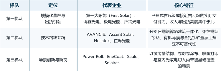 把这三个梯队摊到企业名单上，分工就更清楚了：第一梯队四家合计支撑了本口径七成以上的收入，第二梯队四家各自守着一条别人难以复制的技术路线，第三梯队四家则在为薄膜寻找晶硅永远进不去的场景。三个梯队的代表企业、定位与核心特征见表 3，十二家企业的总部、产品方向与近期动态见表 4。