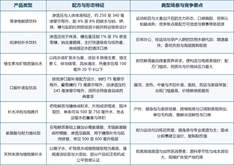按产品类型划分，市场可分为等渗电解质饮料、低渗轻补水饮料、维生素与矿物质强化水、口服补液盐饮品、补水冲剂与泡腾片、氨基酸与耐力强化型、天然来源与植物基补水七类。这七类的差别不只是配方，而是三种不同的技术取向：以渗透压与电解质配比为核心的科学取向、以口感与便利为核心的消费取向、以合规与功效为核心的医学取向。
