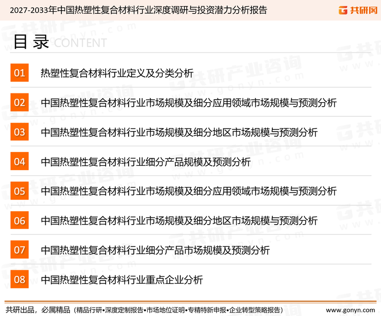 为确保热塑性复合材料行业数据精准性以及内容的可参考价值，共研产业研究院团队通过上市公司年报、厂家调研、经销商座谈、专家验证等多渠道开展数据采集工作，并运用共研自主建立的产业分析模型，结合市场、行业和厂商进行深度剖析，能够反映当前市场现状、热点、动态及未来趋势，使从业者能够从多种维度、多个侧面综合了解当前热塑性复合材料行业的发展态势。