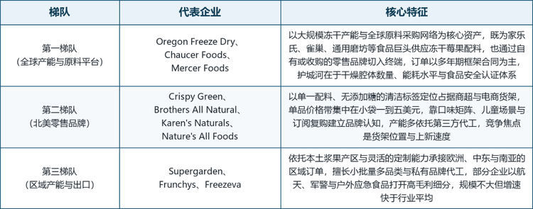 全球冻干浆果零食市场的集中度不高，且呈现明显的哑铃形结构：一端是掌握冻干腔体数量、能耗水平与全球原料采购网络的加工平台，另一端是占据商超与电商货架的零售品牌，中间层由大量区域产能、私有品牌代工厂与跨境卖家填充。按产能属性与市场定位，可将主要厂商划分为三个梯队。