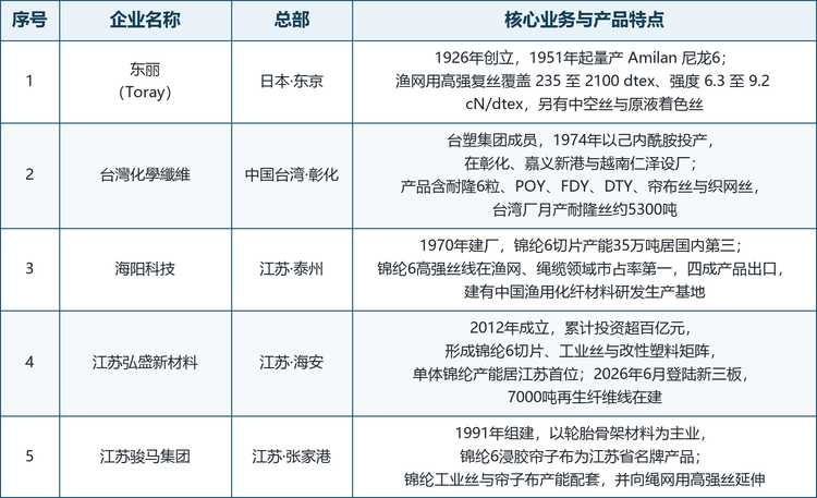 表 4&emsp;全球主要聚酰胺渔网纤维企业总部与业务要点